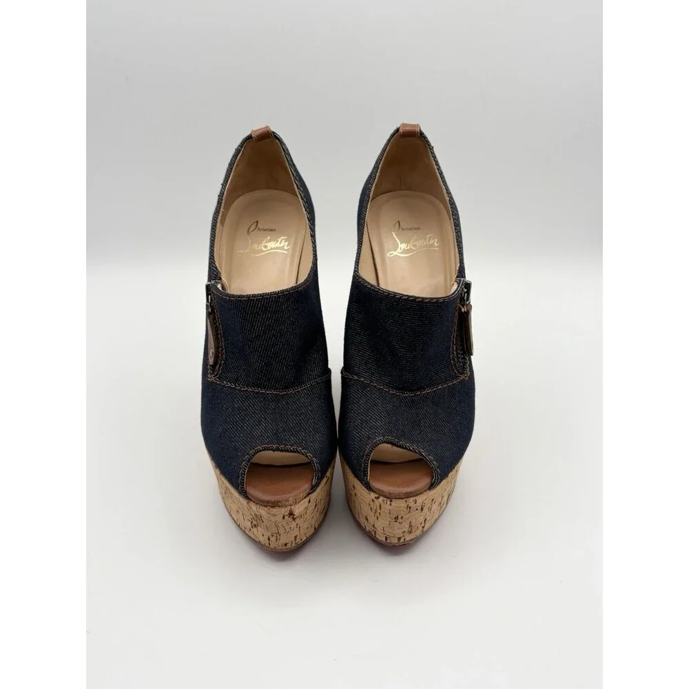 Christian Louboutin Denim Peep Toe Cork Platform Wedge Heels Size EU 36